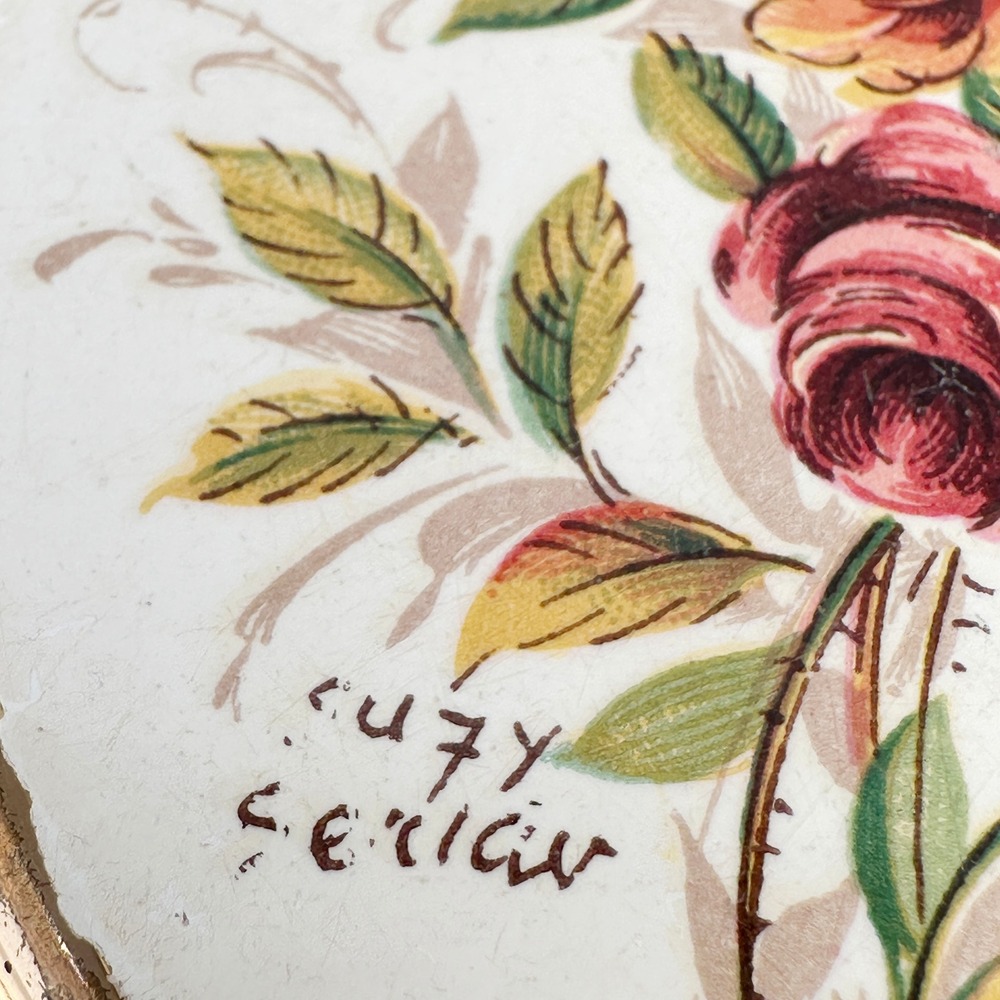 Vintage Stratton Hand Painted Roses Powder Compact Signed Suzy Seriau w/ Box - Picture 5 of 11